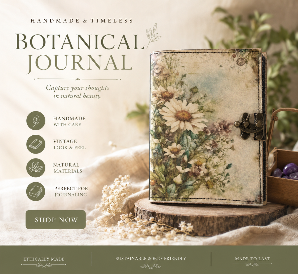Handmade Floral Leather Grimoire – Book of Shadows with Lock