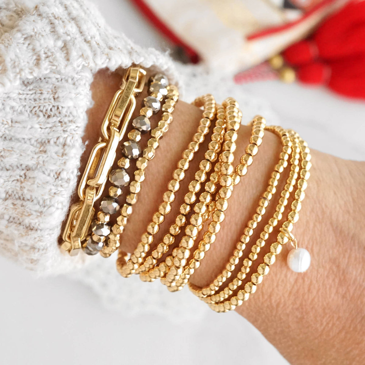 Small ball beads bracelet stack of 5 bracelets Gold tone