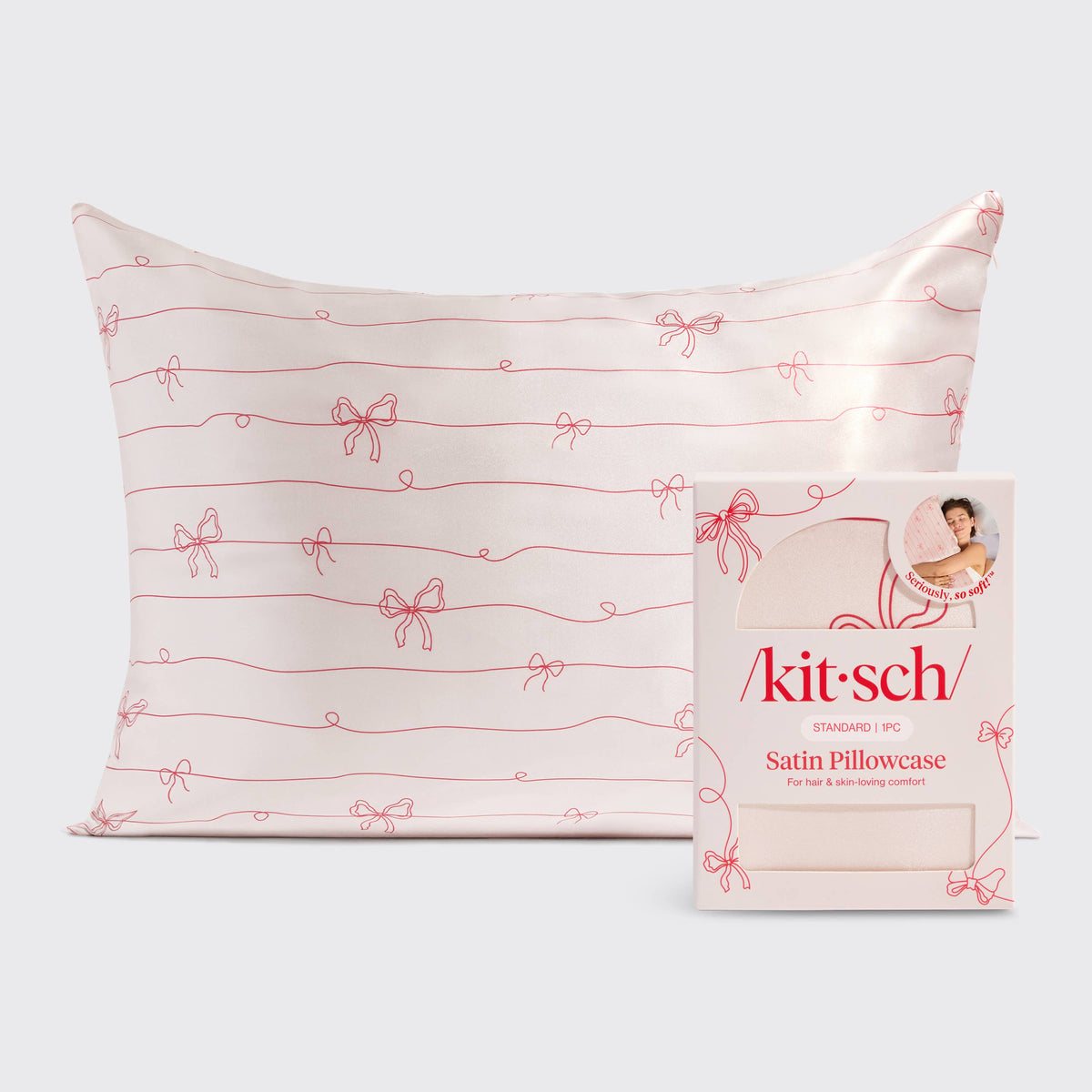 Holiday Satin Pillowcase in Striped Bows