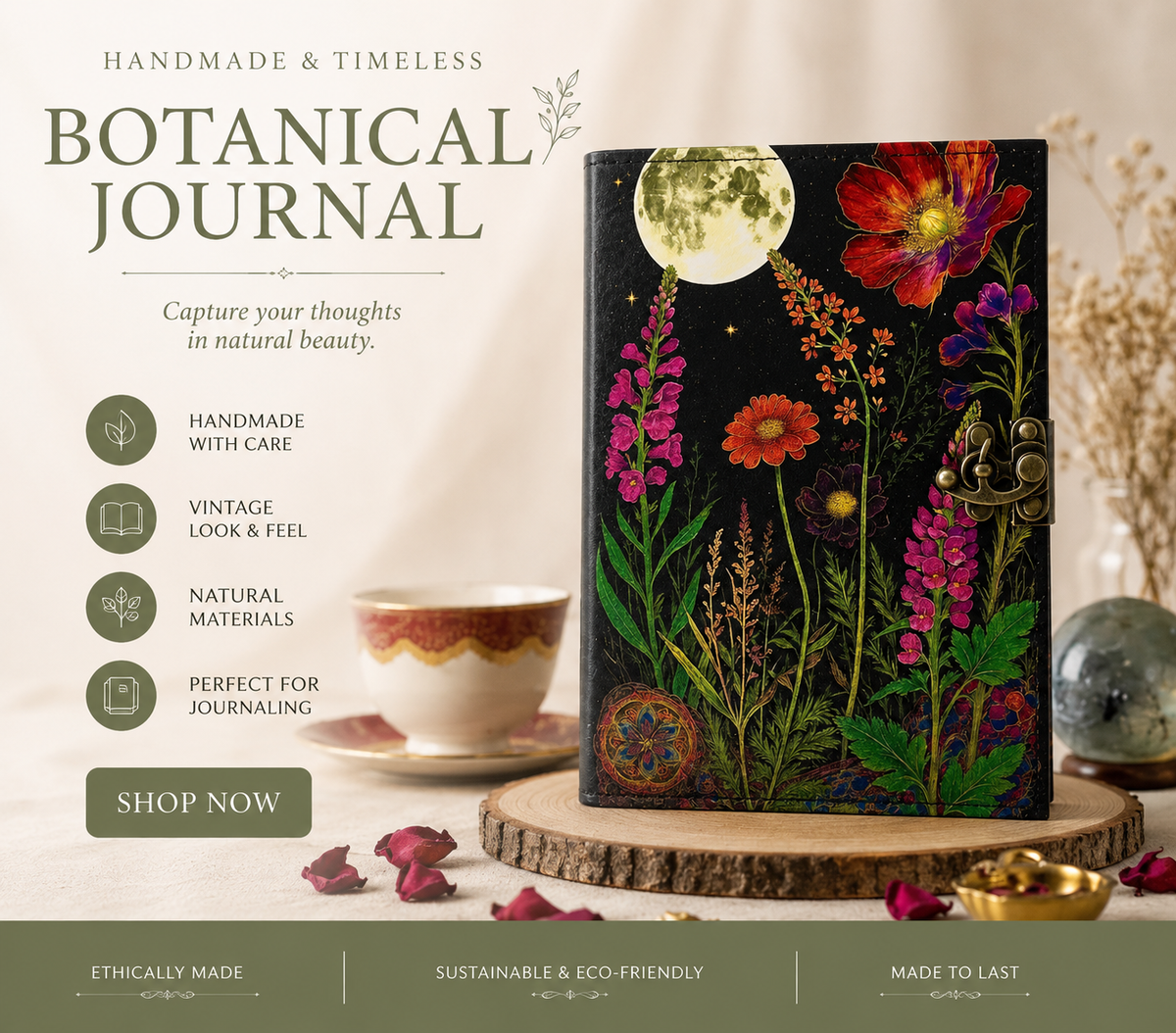 Moonlight Floral Leather Journal Handmade Book of Shadows