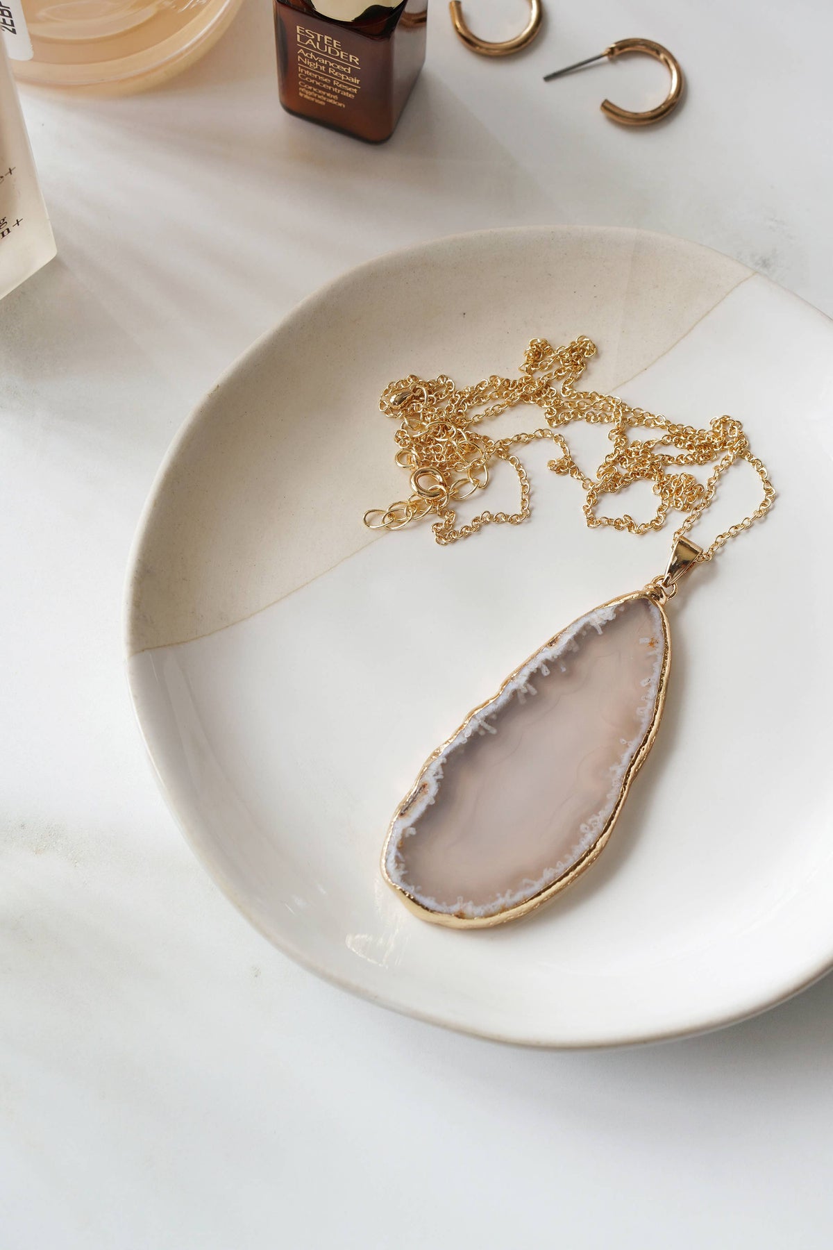 Gold Tone Grey Agate Crystal Long Length Statement Necklace