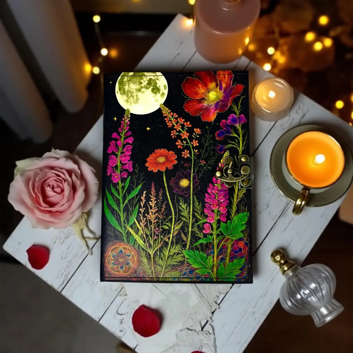 Moonlight Floral Leather Journal Handmade Book of Shadows