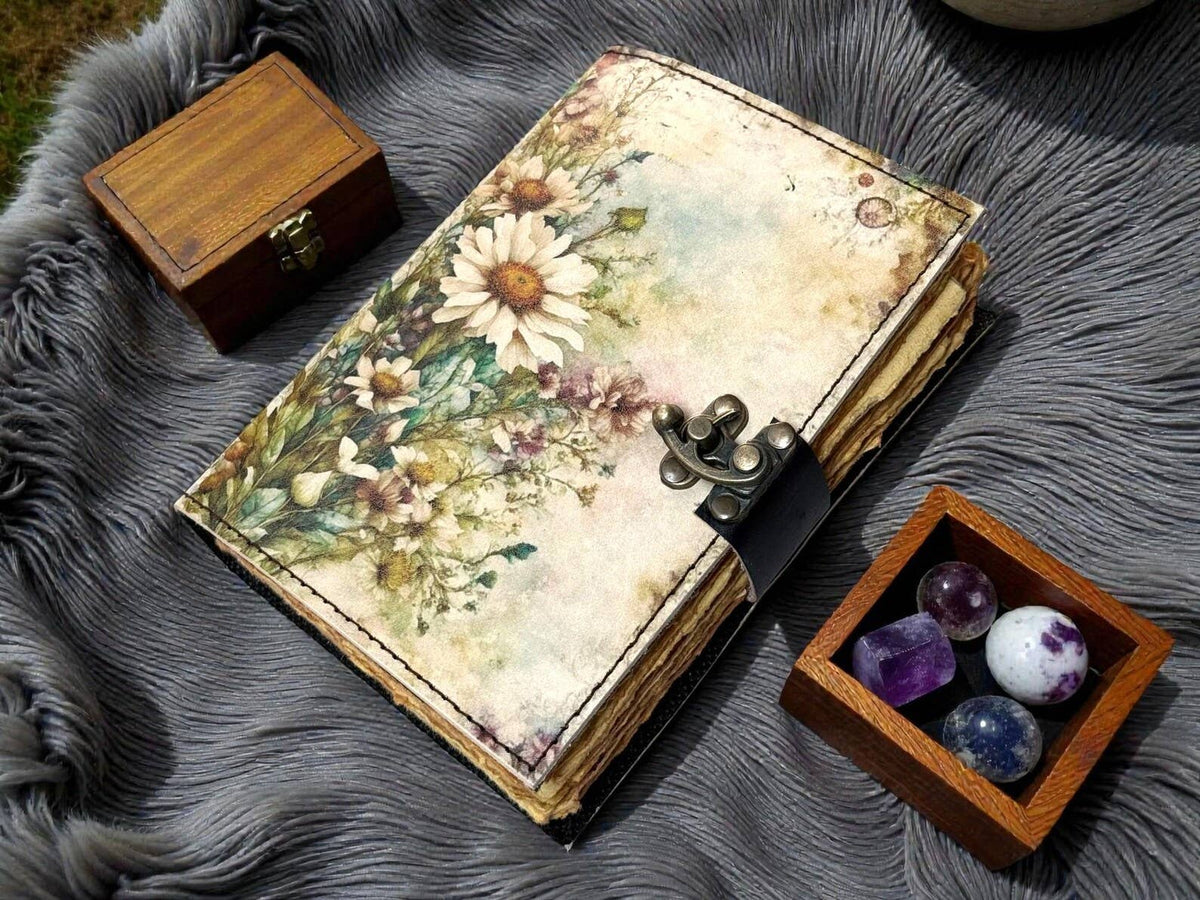 Handmade Floral Leather Grimoire – Book of Shadows with Lock