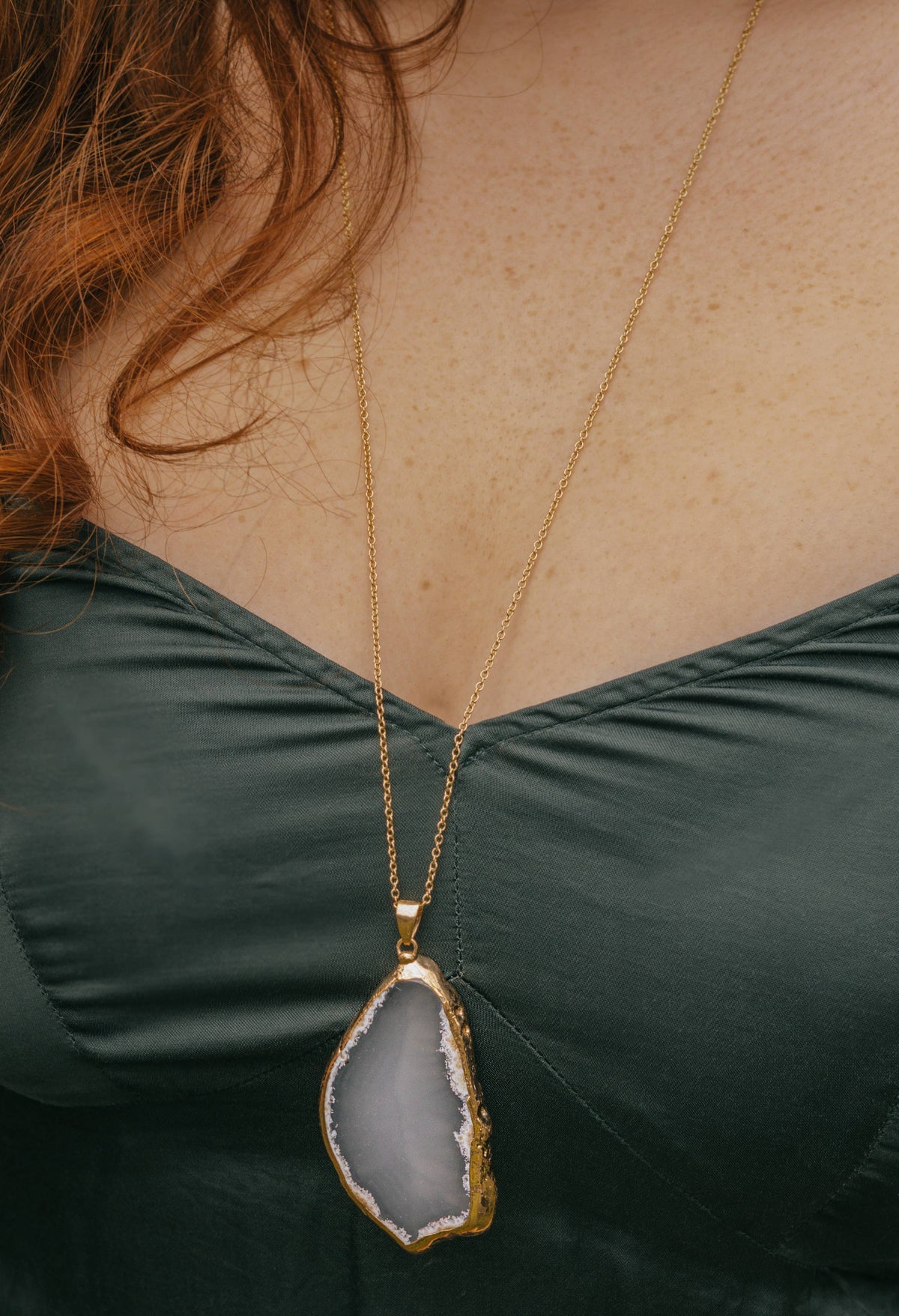 Gold Tone Grey Agate Crystal Long Length Statement Necklace