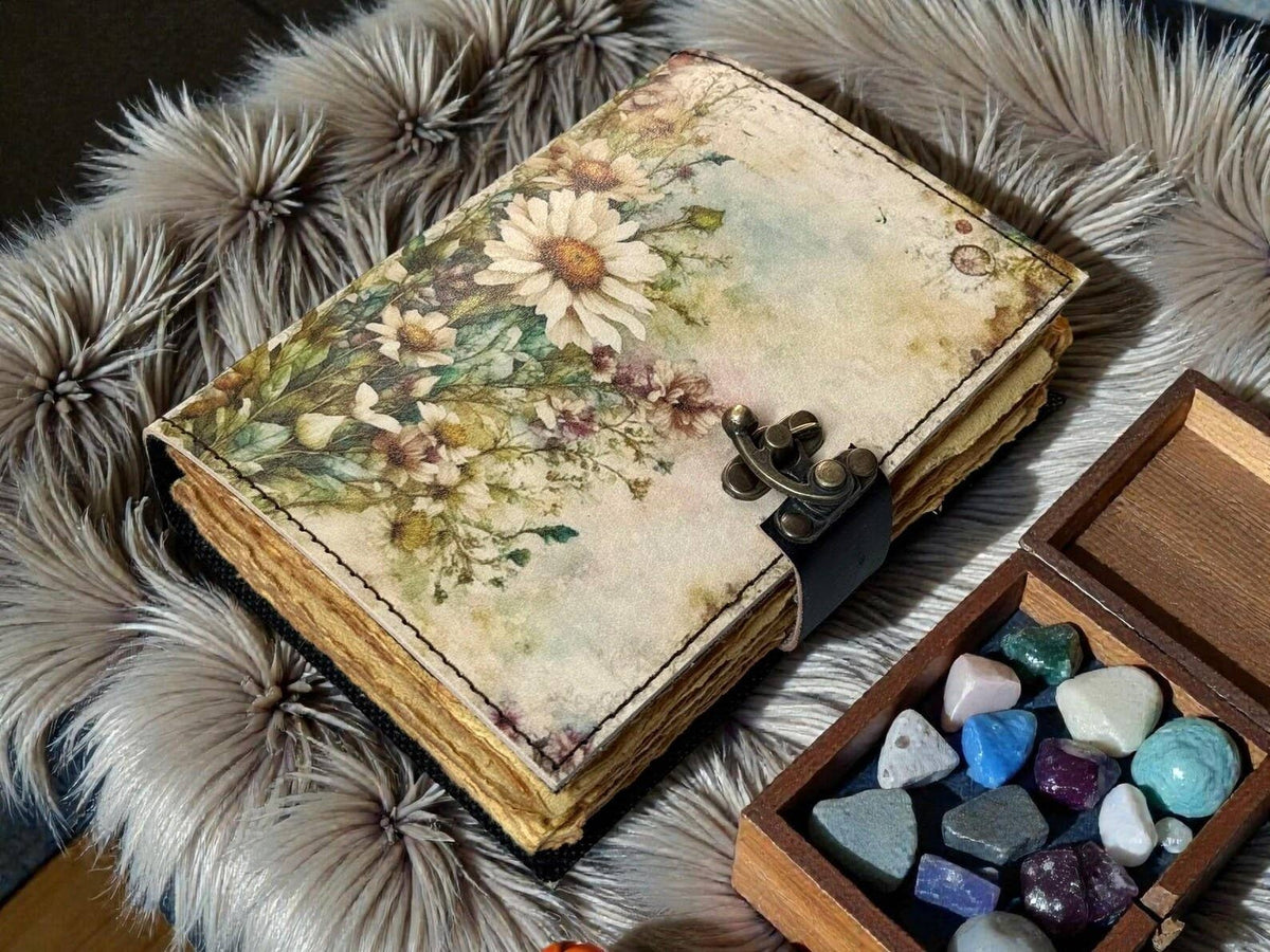 Handmade Floral Leather Grimoire – Book of Shadows with Lock