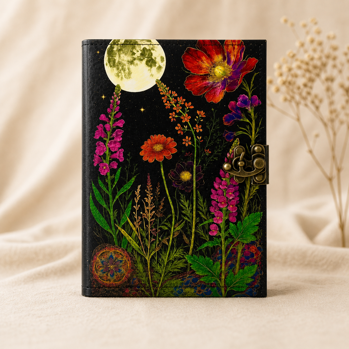 Moonlight Floral Leather Journal Handmade Book of Shadows