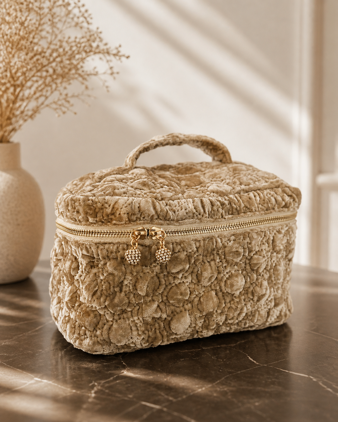 Vintage Moss Quilted Velvet Vanity Case