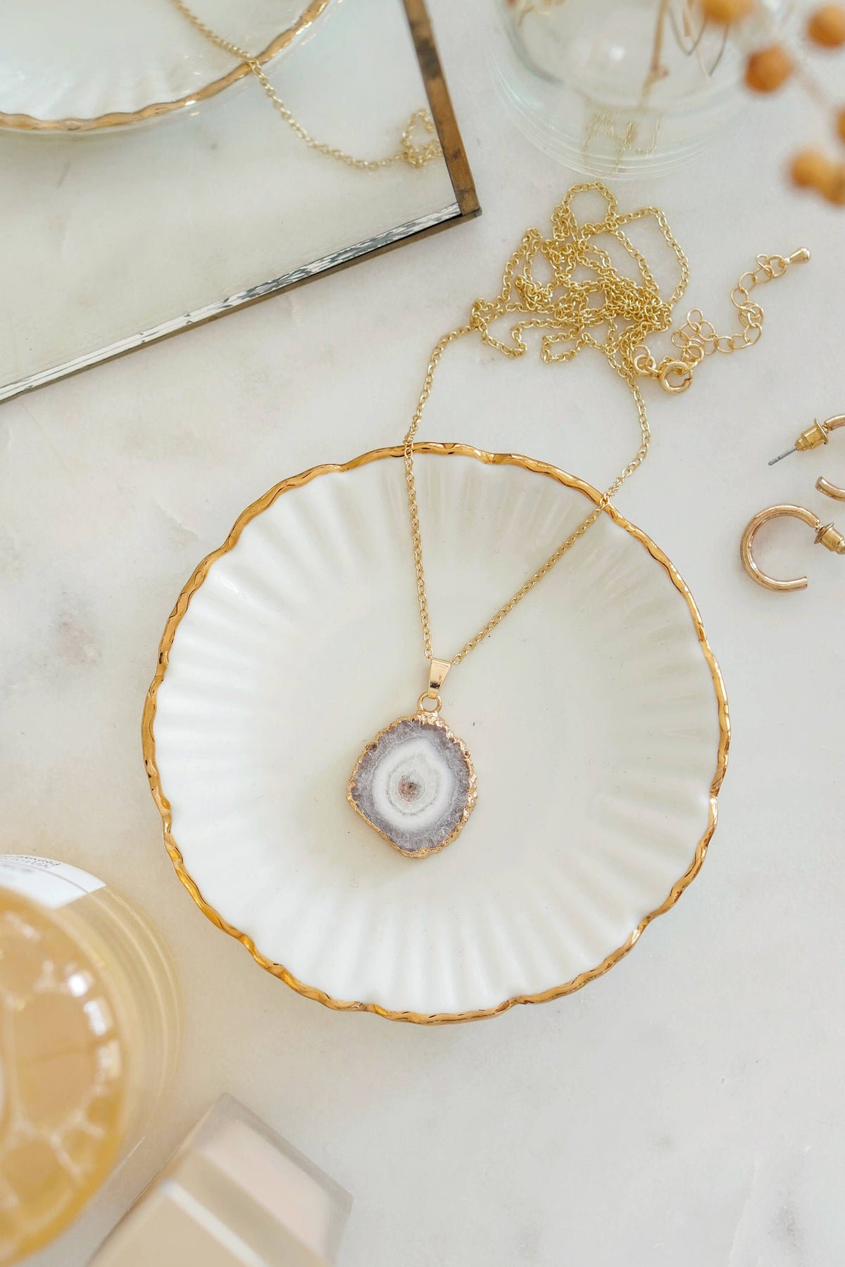 Gold Tone Long Length Mini Raw Quartz Pendant Necklace