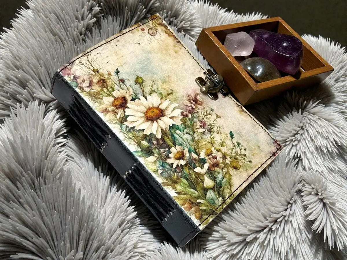 Handmade Floral Leather Grimoire – Book of Shadows with Lock