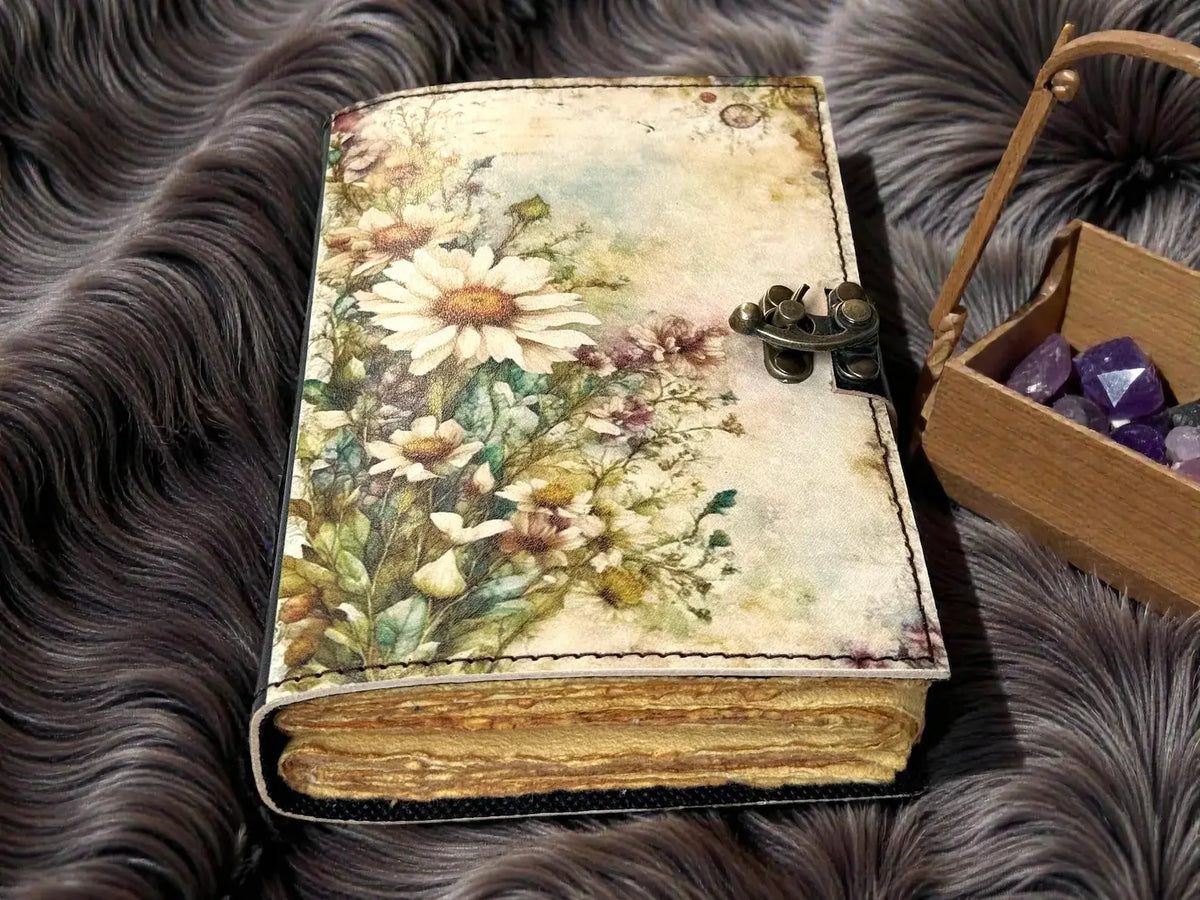 Handmade Floral Leather Grimoire – Book of Shadows with Lock