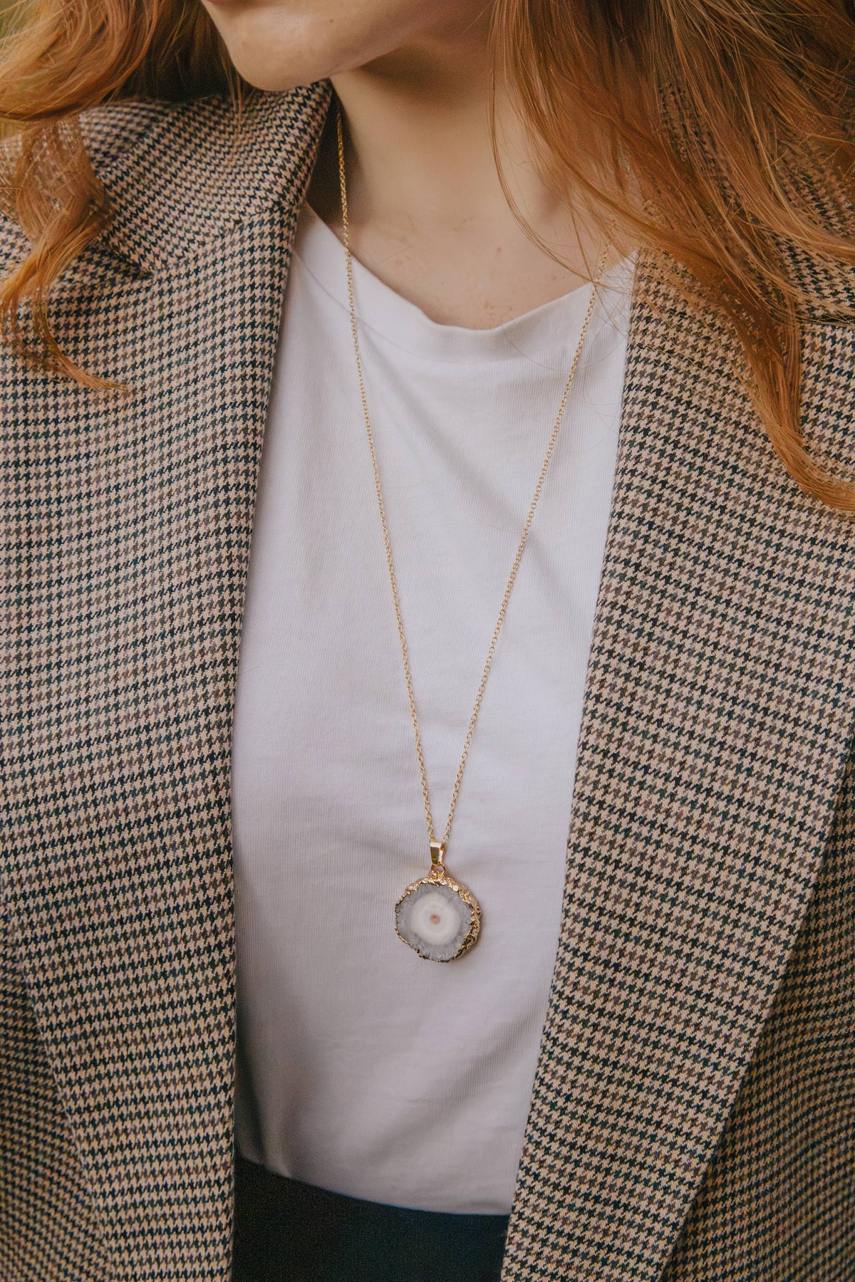 Gold Tone Long Length Mini Raw Quartz Pendant Necklace