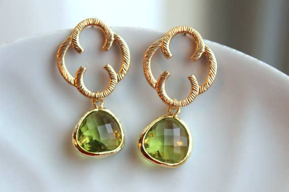Peridot Green Earrings Gold Clover